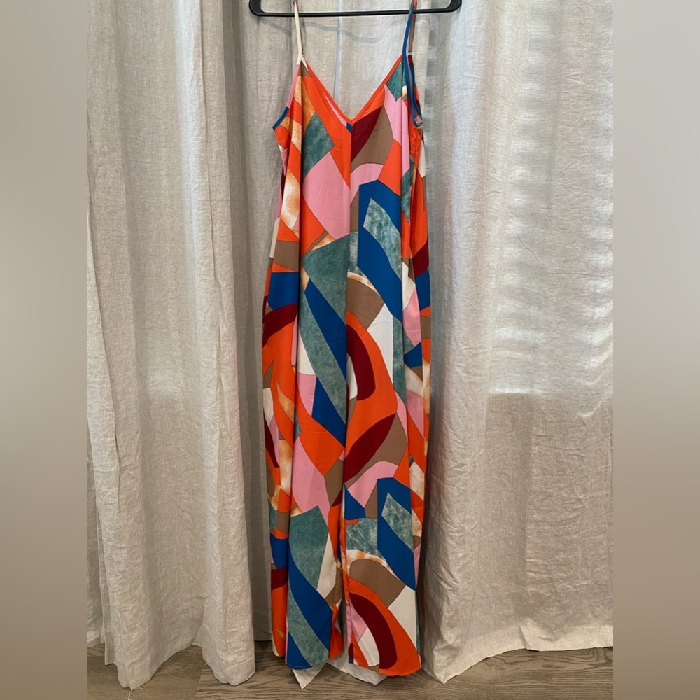 Multicolor patchwork print wide leg jumpsuit. Spaghetti strap. M. Shein